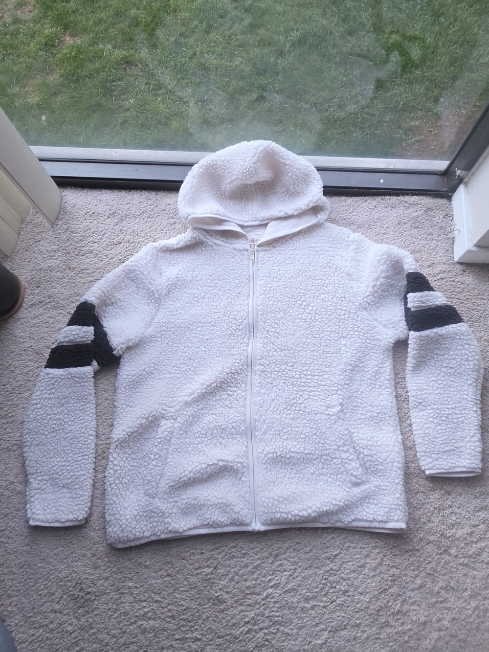SO White Sherpa Zip Hoodie with Black Sleeve Stripes